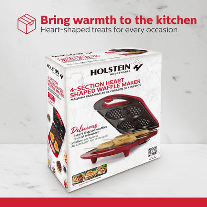 4-Section Heart Shaped Waffle Maker, Non-Stick Waffle Iron, Mini Waffle Maker for Kids, Non-Toxic Coating, Easy to Clean, Makes 4 Heart-Shaped Waffles in Minutes, Red